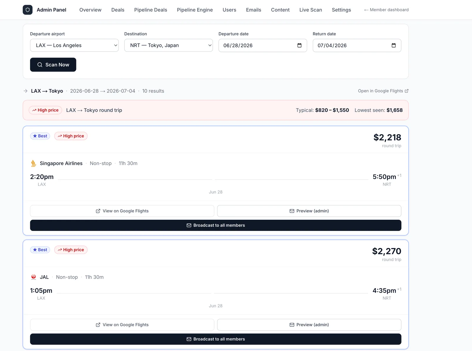 Deal admin overview screenshot