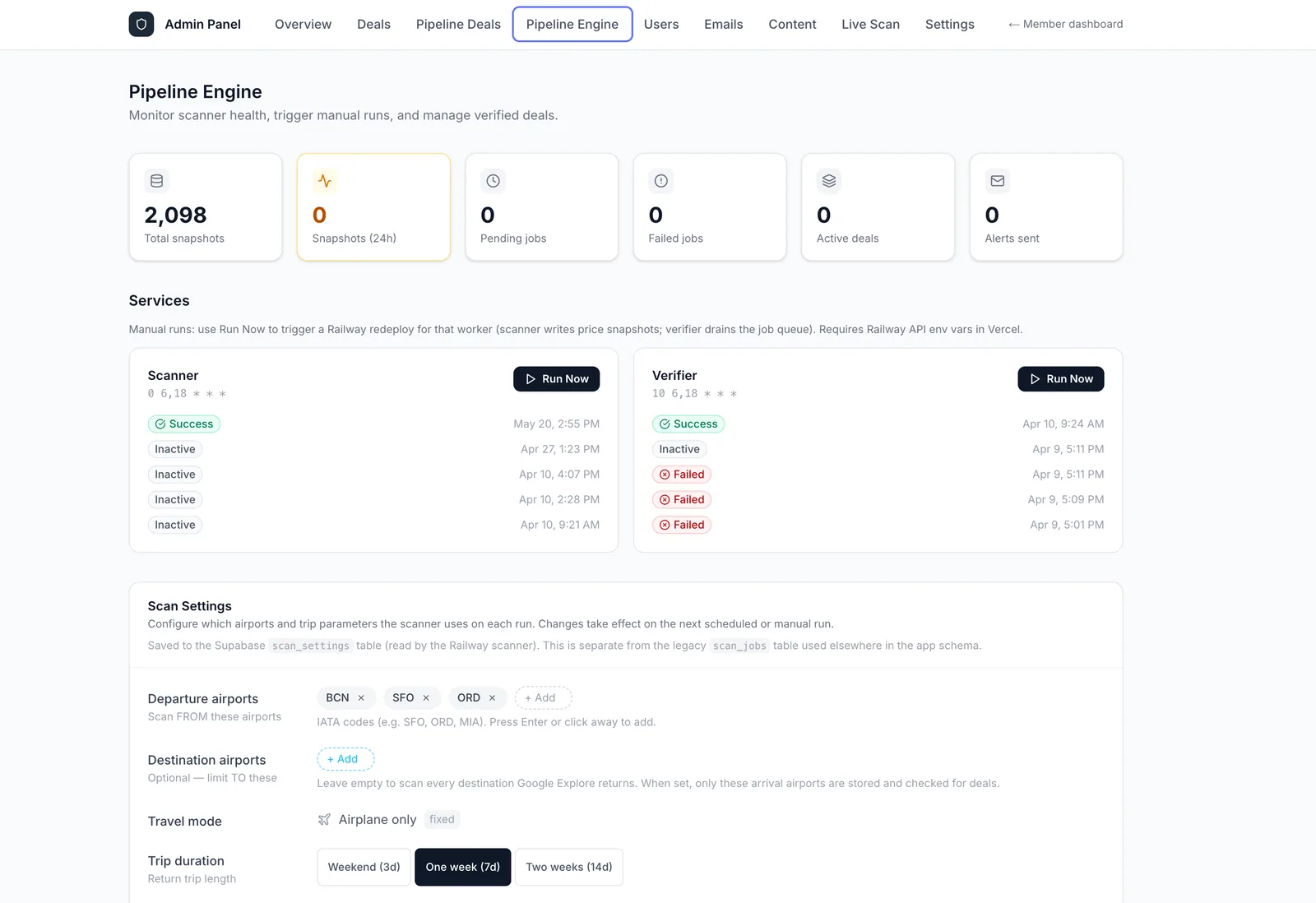 Deal pipeline engine admin screenshot