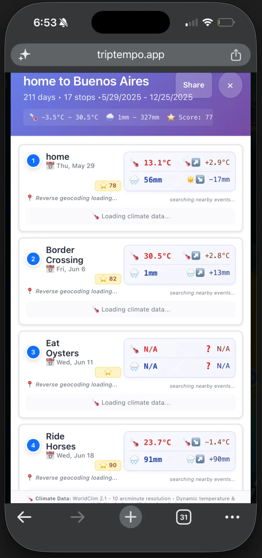TripTempo mobile climate data screenshot