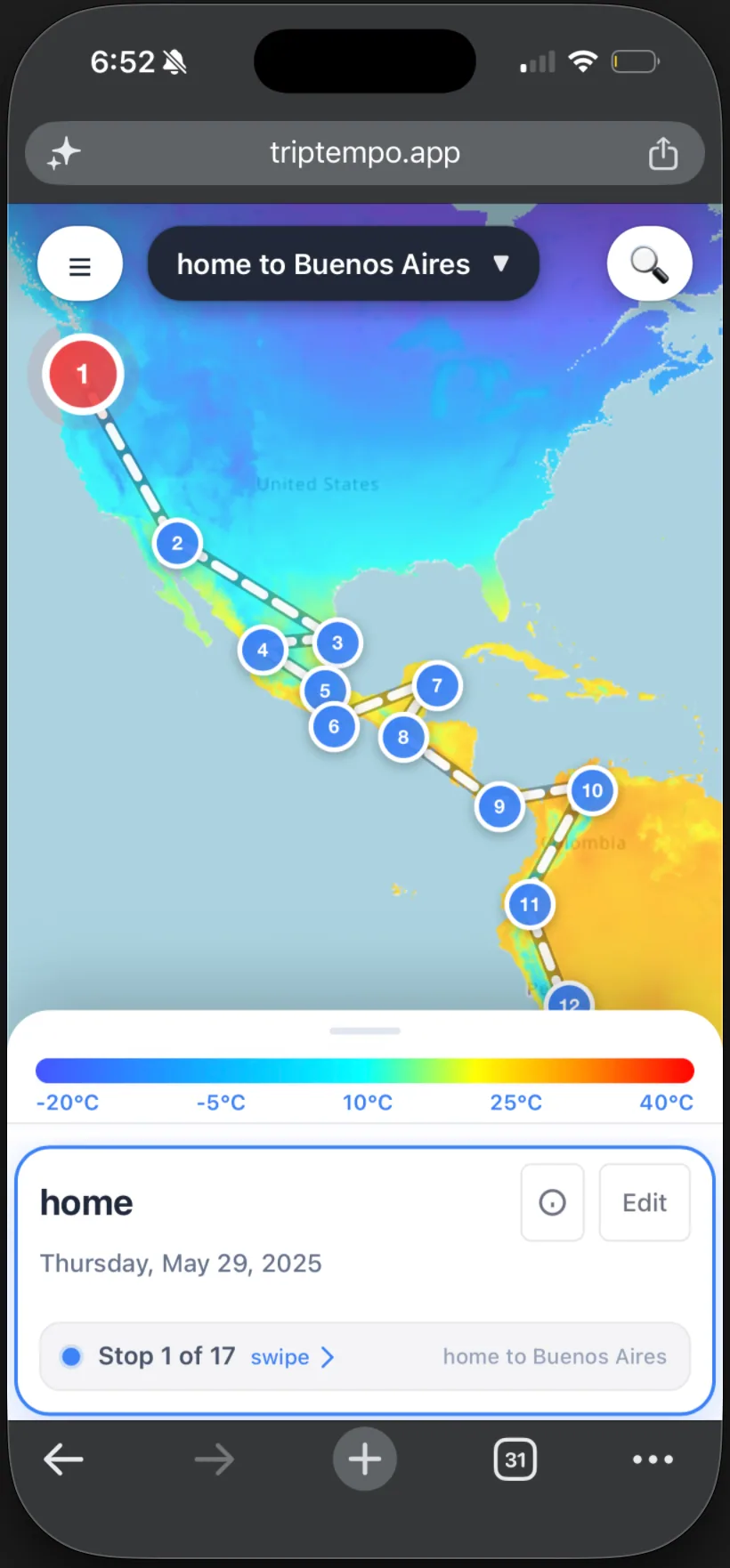 TripTempo mobile route map screenshot