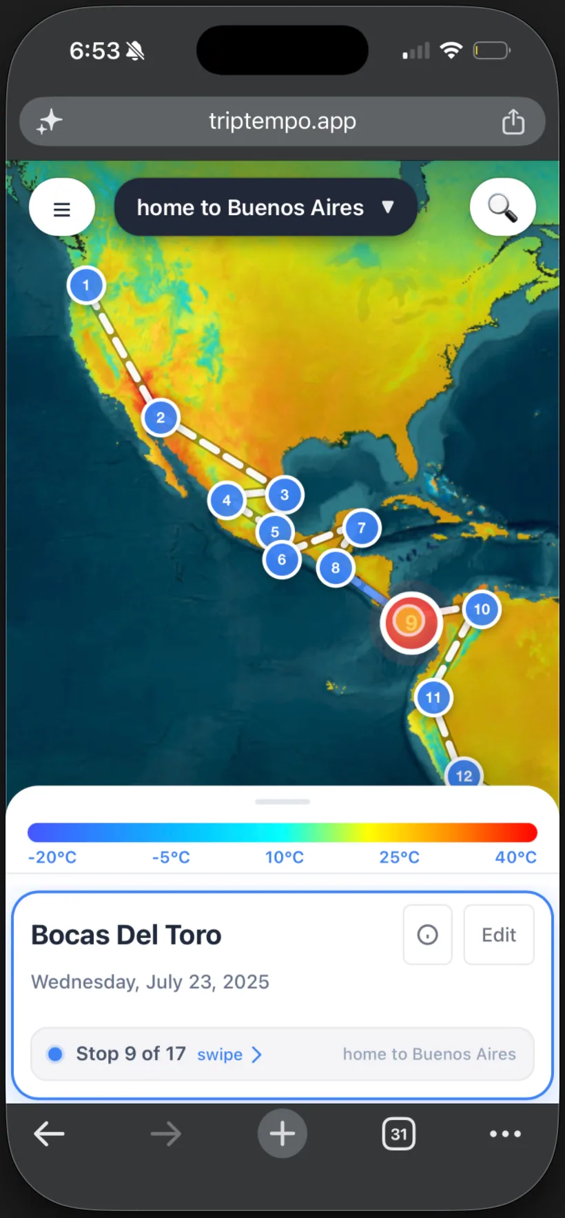 TripTempo mobile route editor screenshot