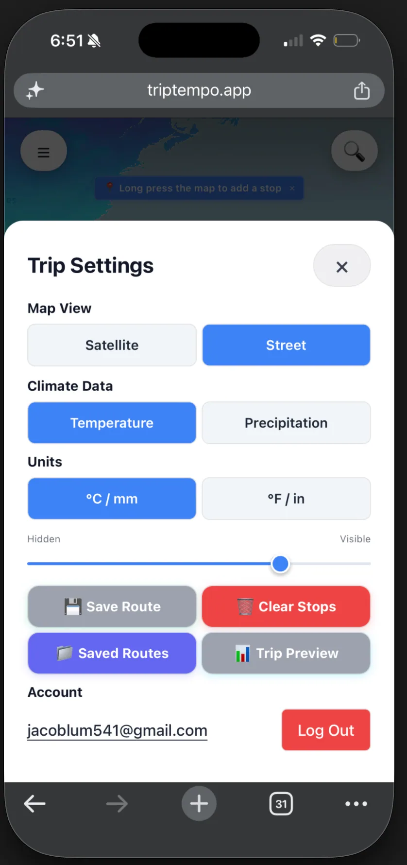 TripTempo mobile trip settings screenshot